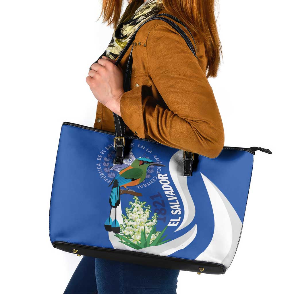 El Salvador Independence Day Leather Tote Bag Flor De Izote With Turquoise Browed Motmot - Wonder Print Shop