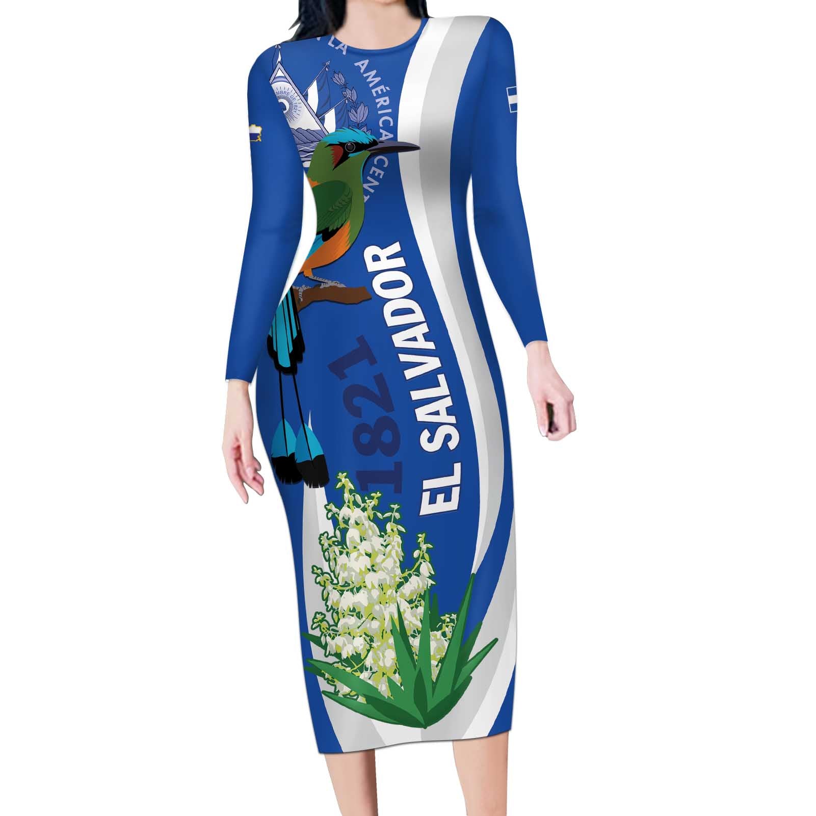 El Salvador Independence Day Long Sleeve Bodycon Dress Flor De Izote With Turquoise Browed Motmot - Wonder Print Shop