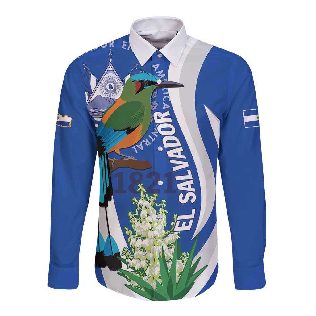 Blue long-sleeve button shirt with front bird-and-flower graphic