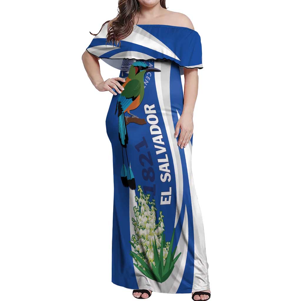 El Salvador Independence Day Off Shoulder Maxi Dress Flor De Izote With Turquoise Browed Motmot - Wonder Print Shop