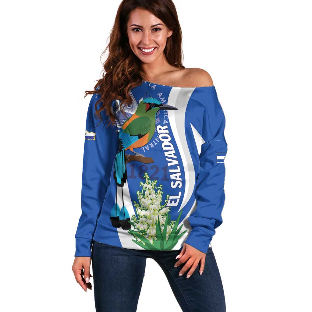 El Salvador Independence Day Off Shoulder Sweater Flor De Izote With Turquoise Browed Motmot - Wonder Print Shop