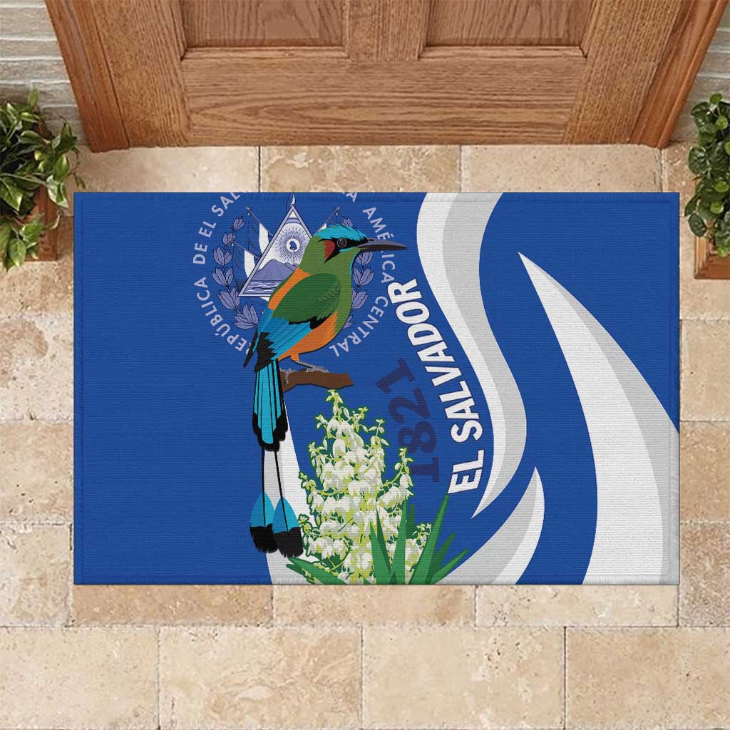 El Salvador Independence Day Rubber Doormat Flor De Izote With Turquoise Browed Motmot - Wonder Print Shop