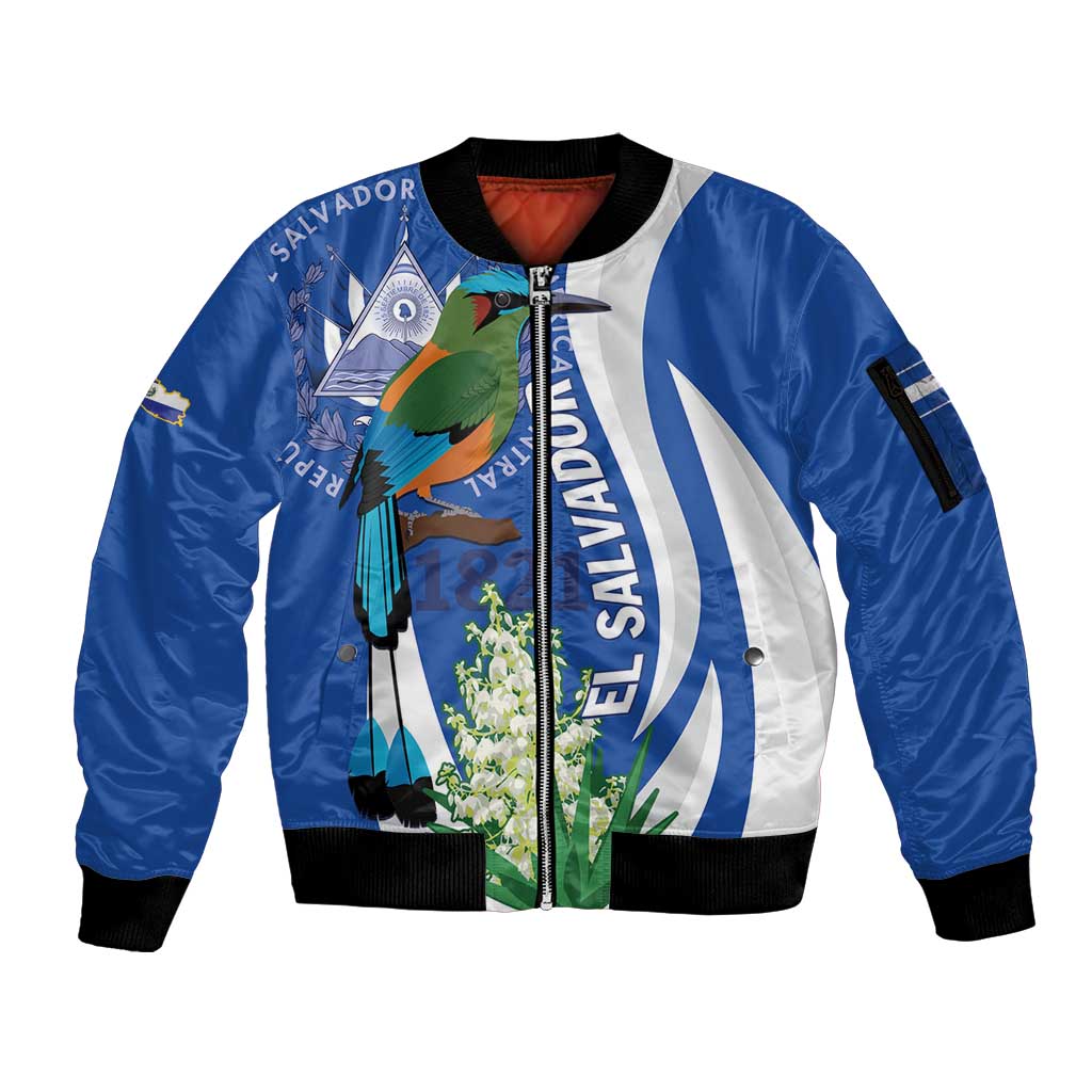 El Salvador Independence Day Sleeve Zip Bomber Jacket Flor De Izote With Turquoise Browed Motmot - Wonder Print Shop