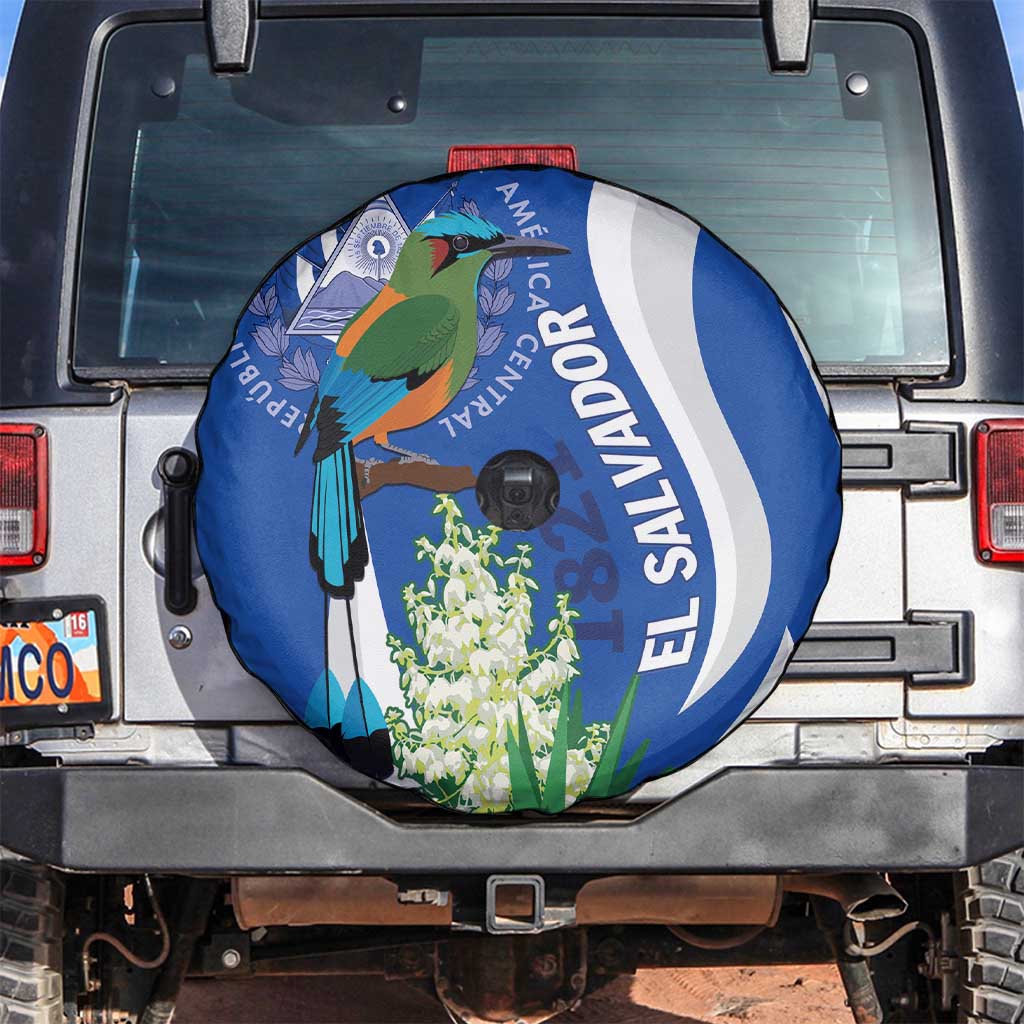 El Salvador Independence Day Spare Tire Cover Flor De Izote With Turquoise Browed Motmot - Wonder Print Shop