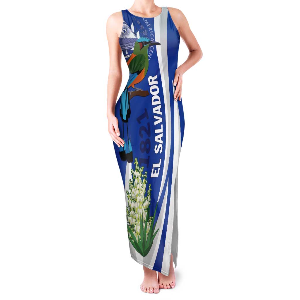 El Salvador Independence Day Tank Maxi Dress Flor De Izote With Turquoise Browed Motmot - Wonder Print Shop