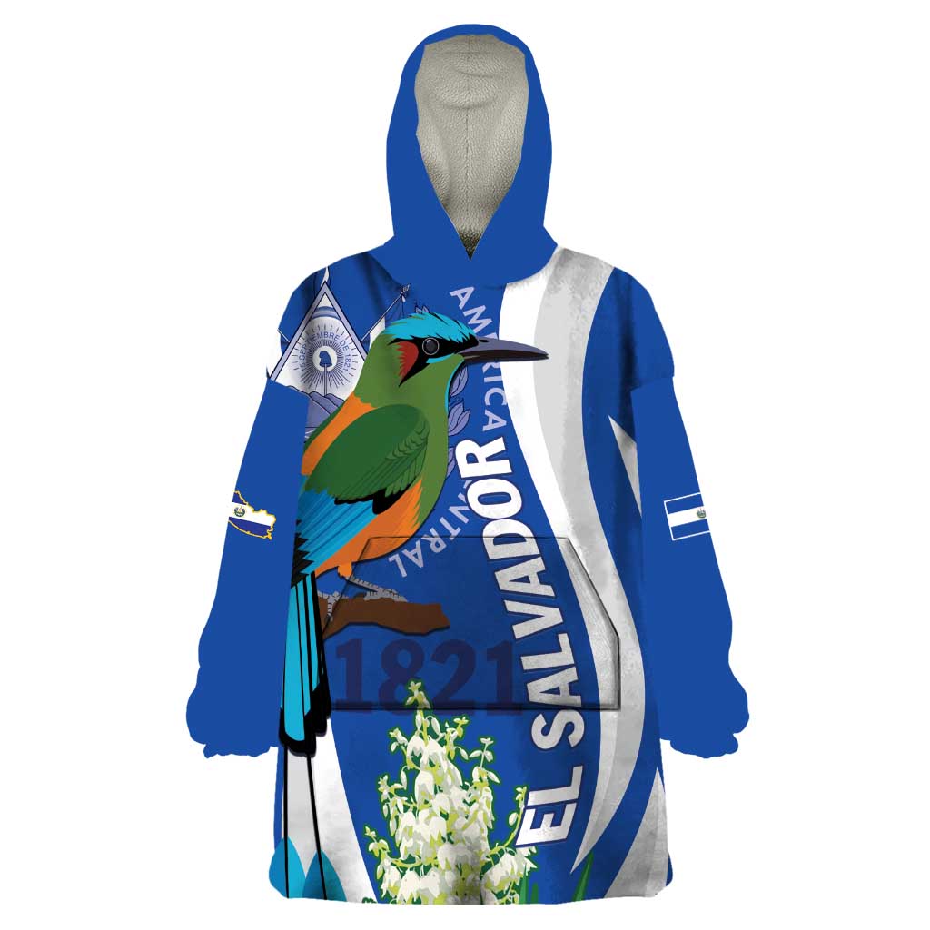 El Salvador Independence Day Wearable Blanket Hoodie Flor De Izote With Turquoise Browed Motmot - Wonder Print Shop