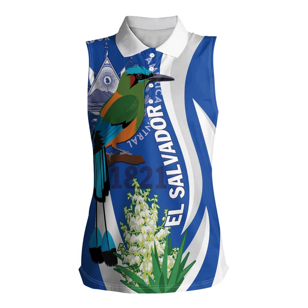 El Salvador Independence Day Women Sleeveless Polo Shirt Flor De Izote With Turquoise Browed Motmot - Wonder Print Shop