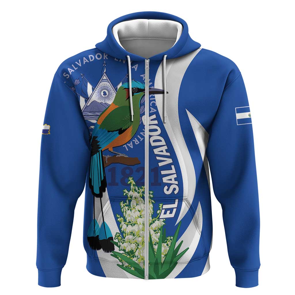 El Salvador Independence Day Zip Hoodie Flor De Izote With Turquoise Browed Motmot - Wonder Print Shop