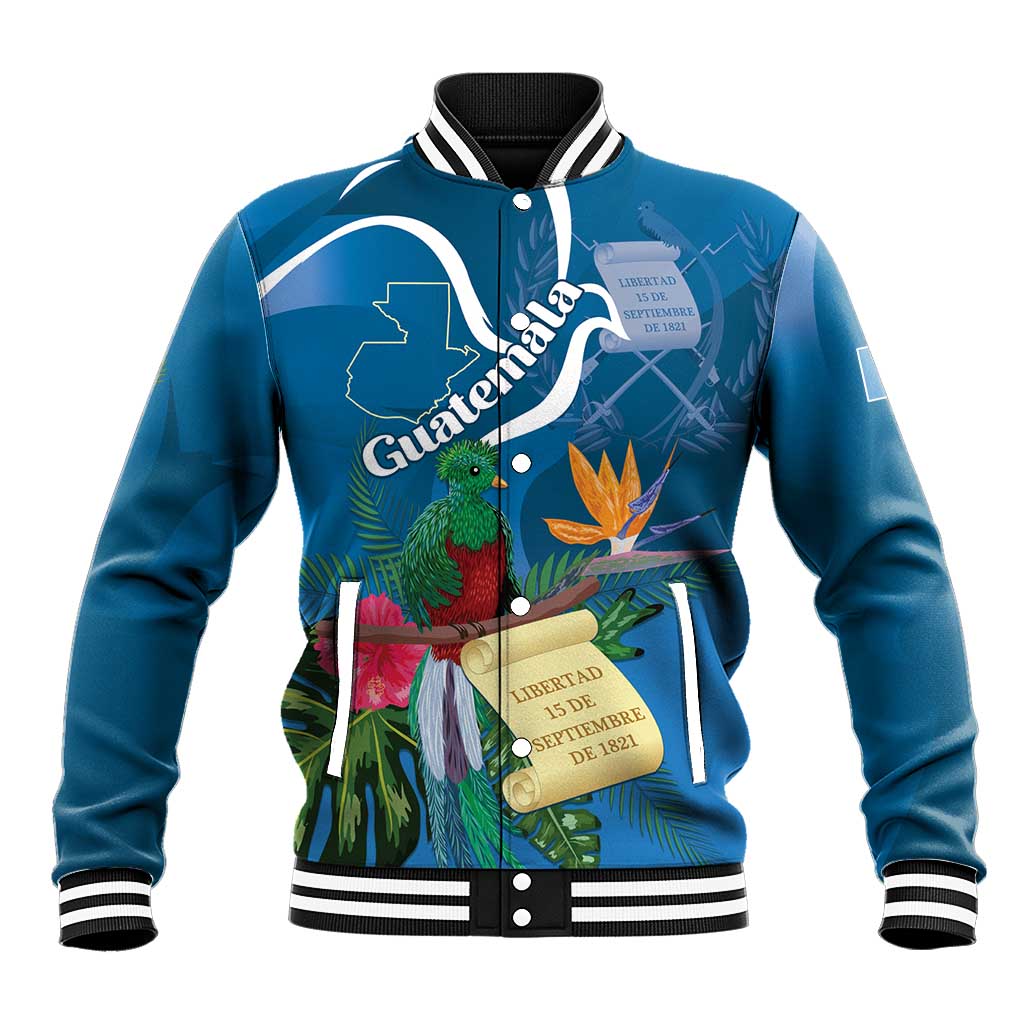Blue unisex baseball jacket with striped collar, button front, colorful tropical bird graphic