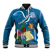 Blue unisex baseball jacket with striped collar, button front, colorful tropical bird graphic