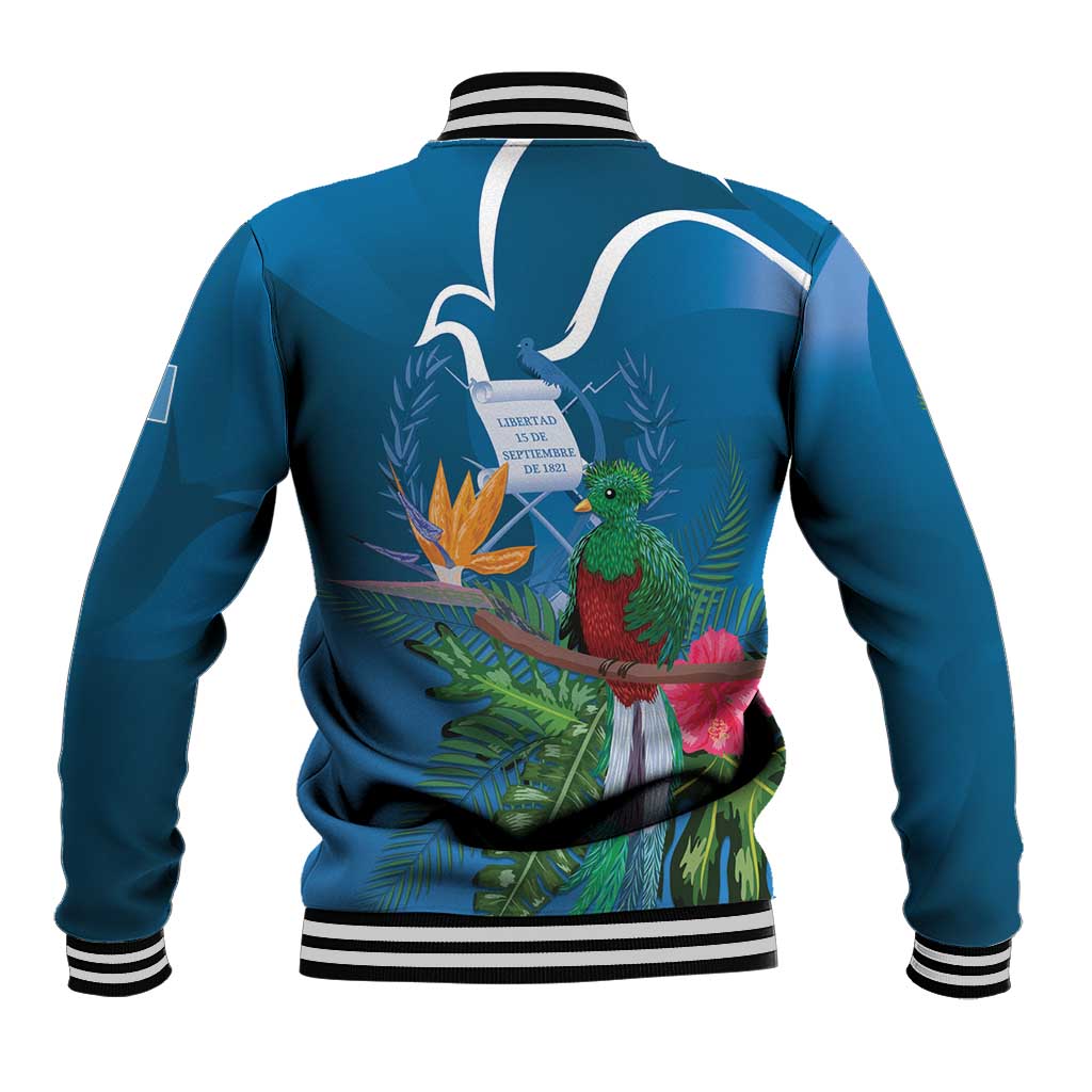 Blue unisex baseball jacket back, striped ribbed hem and collar, tropical bird and foliage art