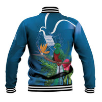 Blue unisex baseball jacket back, striped ribbed hem and collar, tropical bird and foliage art
