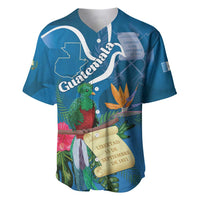 Blue baseball jersey with tropical quetzal and Guatemala map graphic