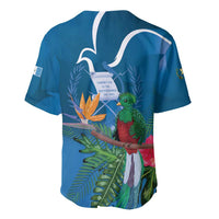 Blue baseball jersey back with quetzal, tropical flowers, and date patch