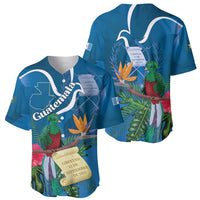 Blue baseball jersey set shown front and back with quetzal tropical print