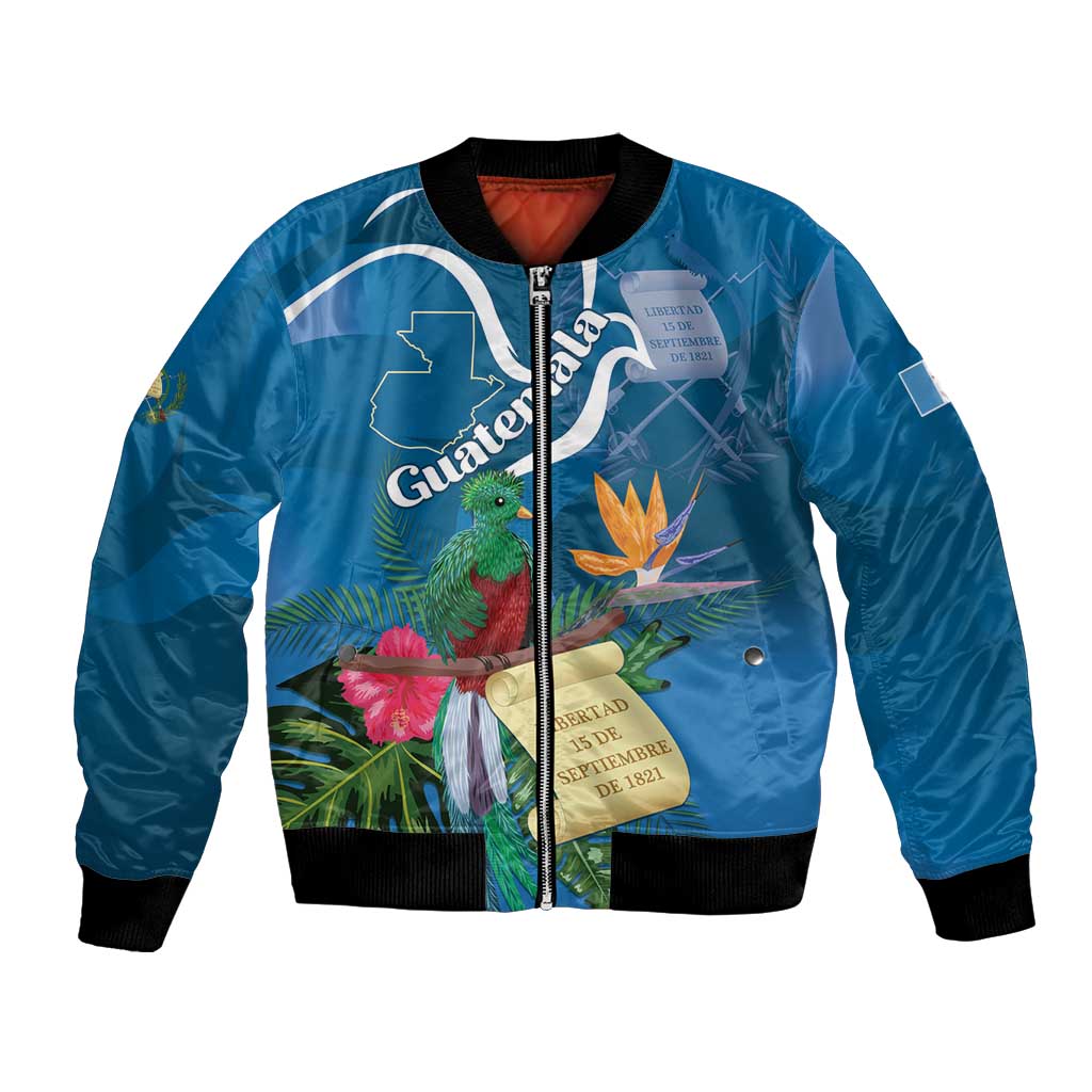 Blue bomber jacket with front zip, tropical quetzal and floral print, ribbed cuffs/hem