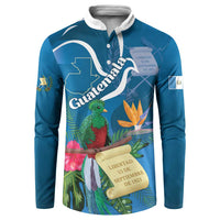 Blue button sweatshirt with white collar and tropical bird-and-flower graphic print