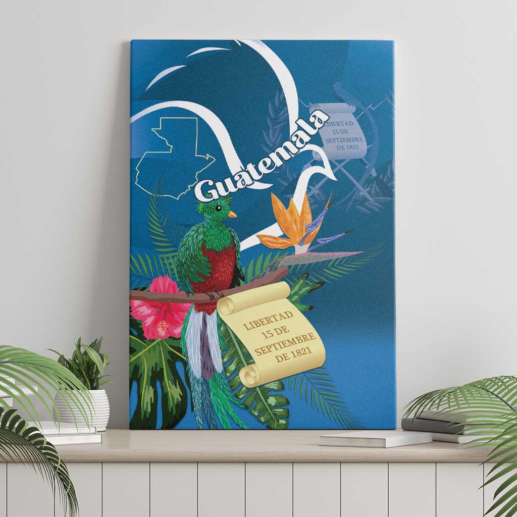 Blue canvas wall art featuring quetzal and tropical flowers with decorative ribbon text