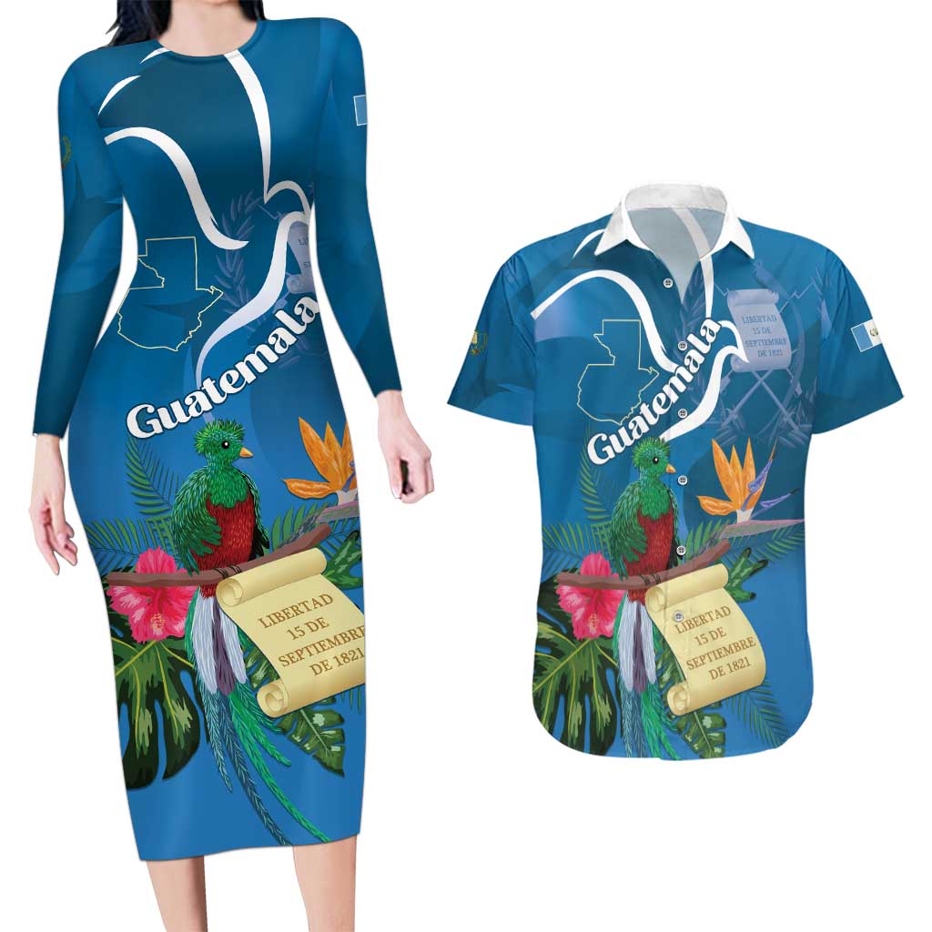 Guatemala Independence Day Couples Matching Long Sleeve Bodycon Dress and Hawaiian Shirt Quetzal Tropical Flower - Wonder Print Shop