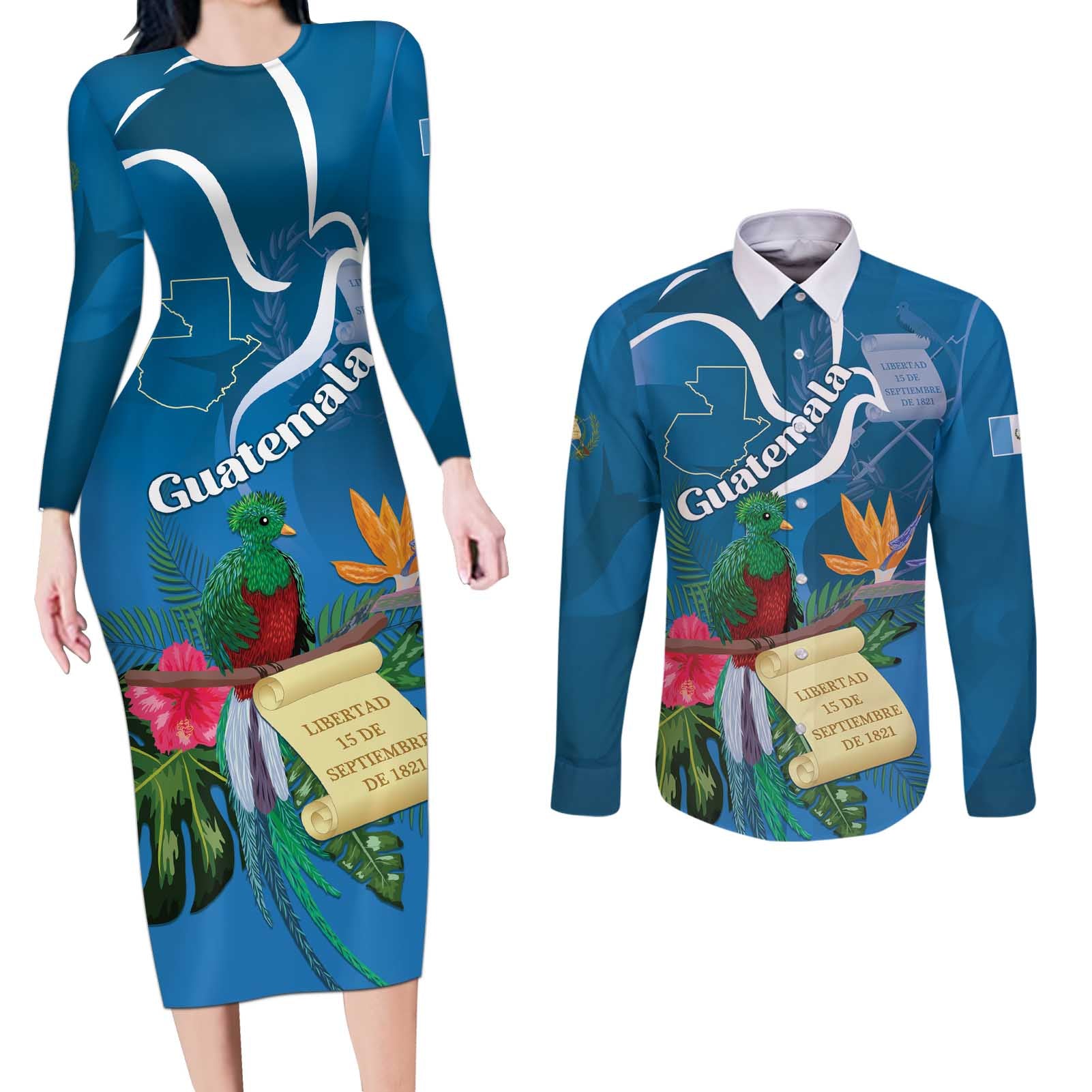 Guatemala Independence Day Couples Matching Long Sleeve Bodycon Dress and Long Sleeve Button Shirt Quetzal Tropical Flower - Wonder Print Shop