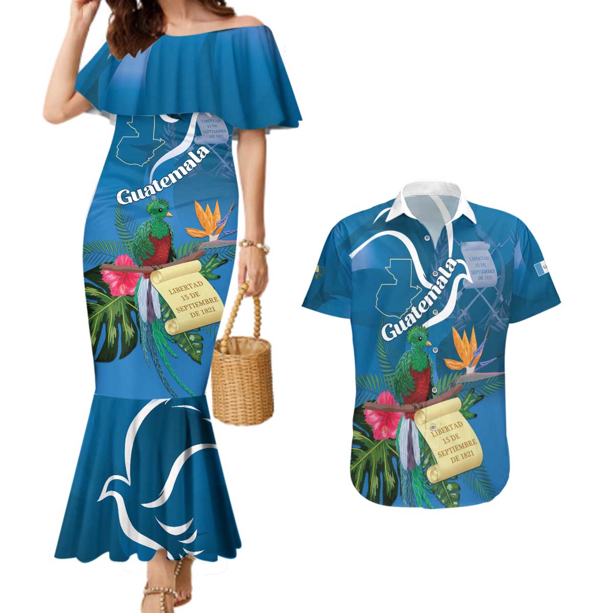 Guatemala Independence Day Couples Matching Mermaid Dress and Hawaiian Shirt Quetzal Tropical Flower - Wonder Print Shop