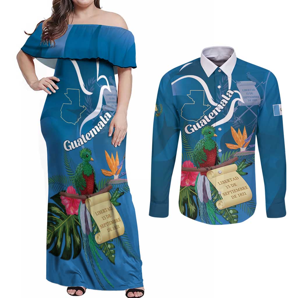 Guatemala Independence Day Couples Matching Off Shoulder Maxi Dress and Long Sleeve Button Shirt Quetzal Tropical Flower - Wonder Print Shop