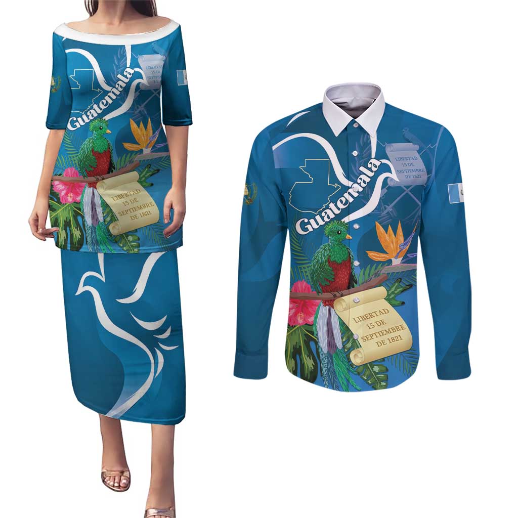 Guatemala Independence Day Couples Matching Puletasi and Long Sleeve Button Shirt Quetzal Tropical Flower - Wonder Print Shop