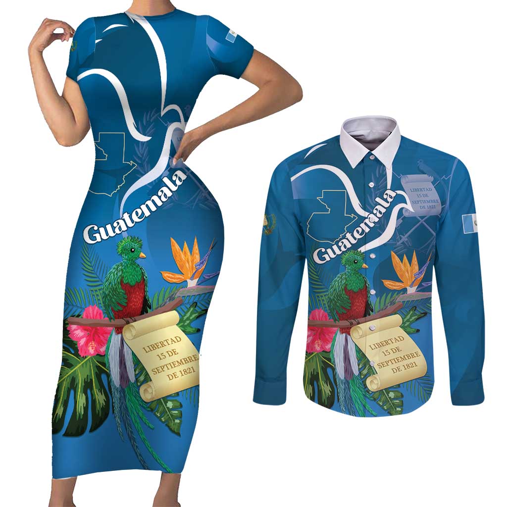 Guatemala Independence Day Couples Matching Short Sleeve Bodycon Dress and Long Sleeve Button Shirt Quetzal Tropical Flower - Wonder Print Shop