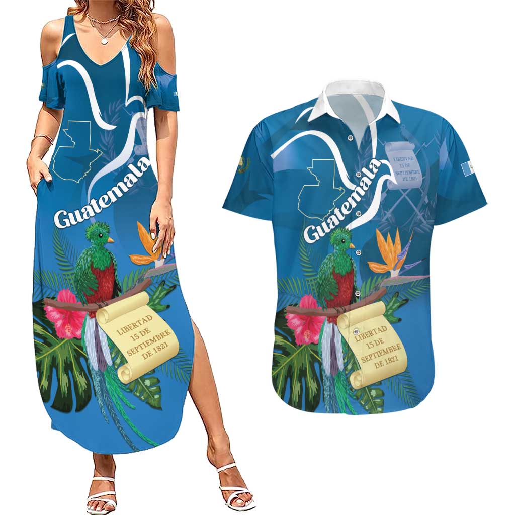 Guatemala Independence Day Couples Matching Summer Maxi Dress and Hawaiian Shirt Quetzal Tropical Flower - Wonder Print Shop