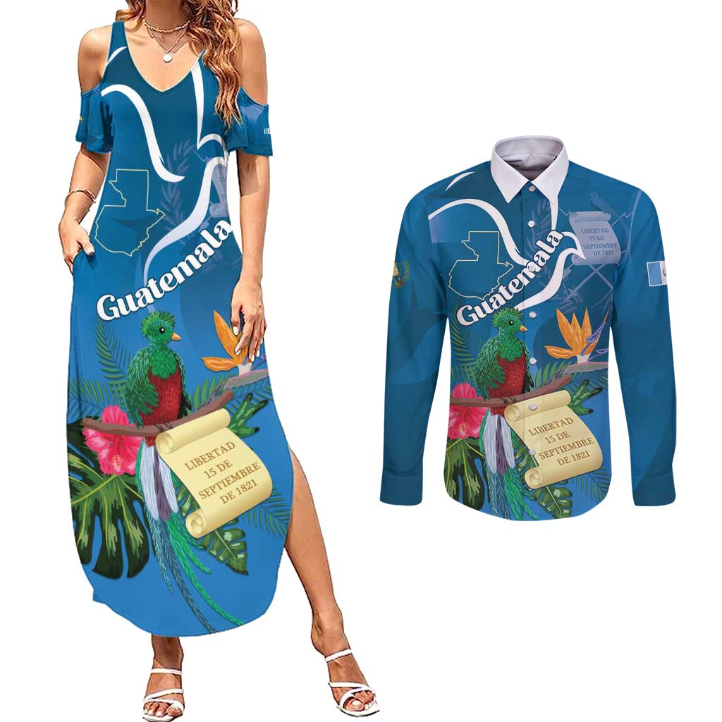 Guatemala Independence Day Couples Matching Summer Maxi Dress and Long Sleeve Button Shirt Quetzal Tropical Flower - Wonder Print Shop