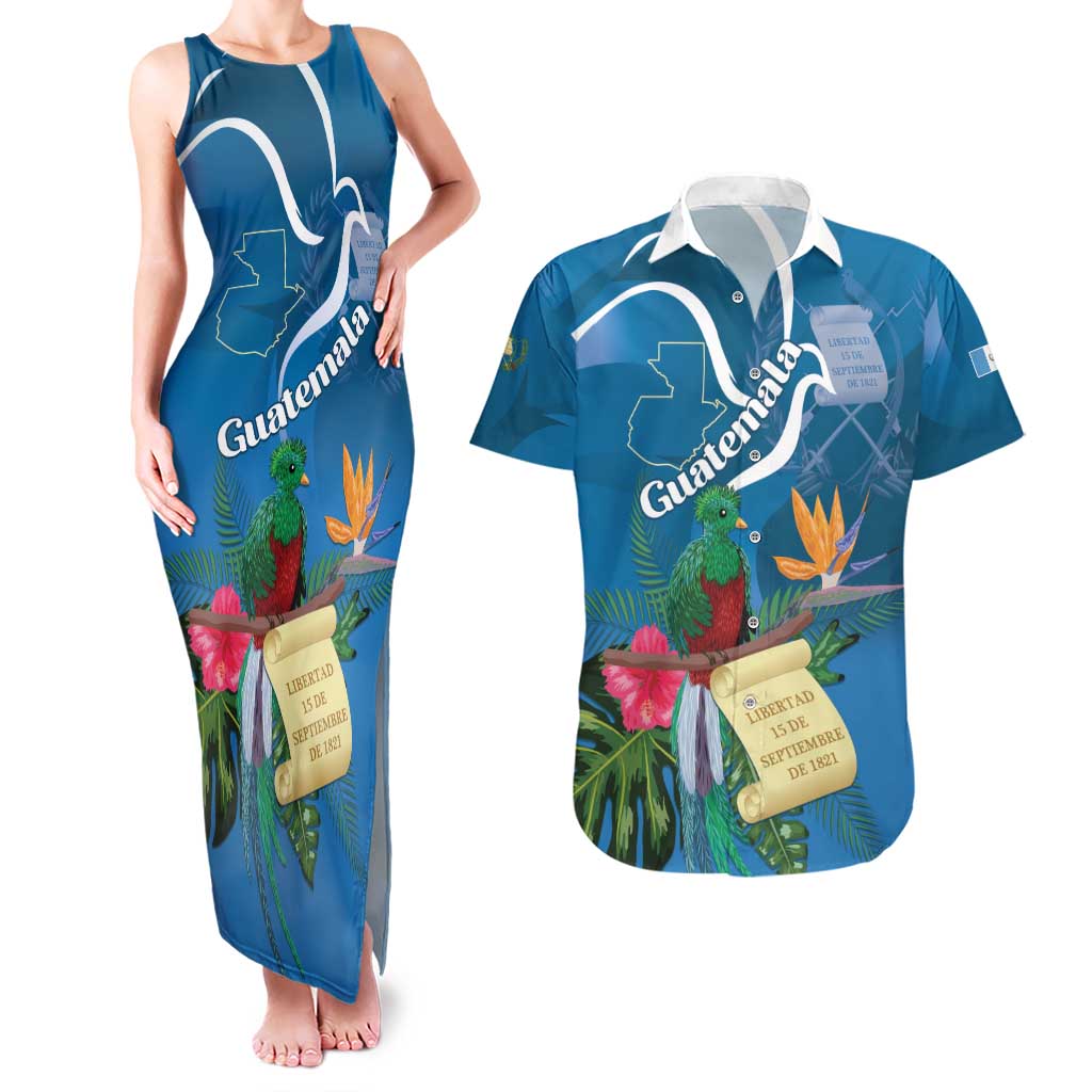 Guatemala Independence Day Couples Matching Tank Maxi Dress and Hawaiian Shirt Quetzal Tropical Flower - Wonder Print Shop