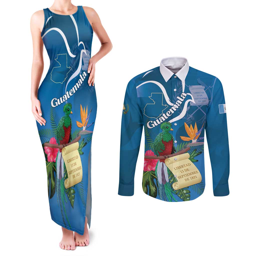 Guatemala Independence Day Couples Matching Tank Maxi Dress and Long Sleeve Button Shirt Quetzal Tropical Flower - Wonder Print Shop