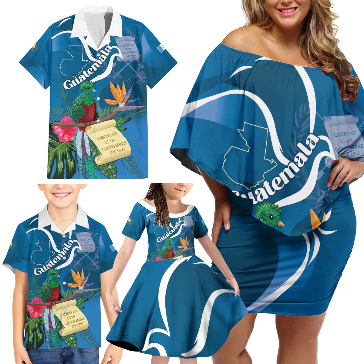 Guatemala Independence Day Family Matching Off Shoulder Short Dress and Hawaiian Shirt Quetzal Tropical Flower - Wonder Print Shop