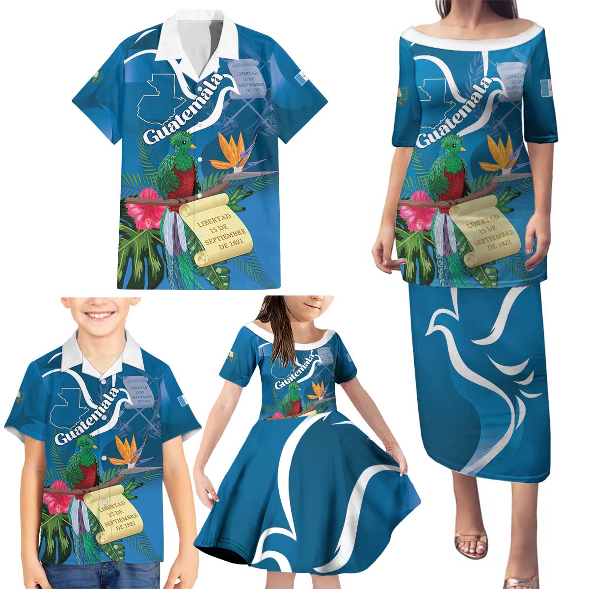 Guatemala Independence Day Family Matching Puletasi and Hawaiian Shirt Quetzal Tropical Flower - Wonder Print Shop