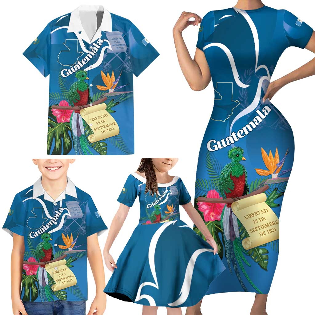 Guatemala Independence Day Family Matching Short Sleeve Bodycon Dress and Hawaiian Shirt Quetzal Tropical Flower - Wonder Print Shop