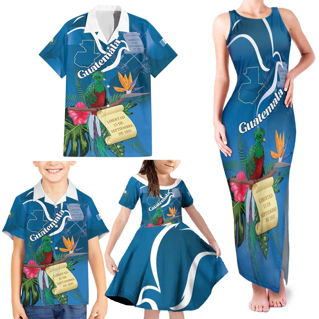 Guatemala Independence Day Family Matching Tank Maxi Dress and Hawaiian Shirt Quetzal Tropical Flower - Wonder Print Shop