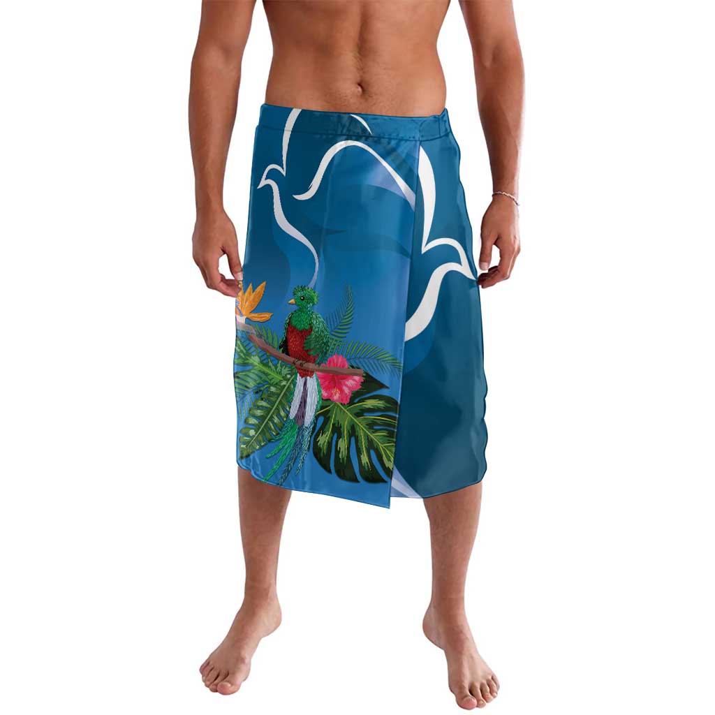 Blue tropical print wrap shorts with drawstring, palm leaves and bird motifs