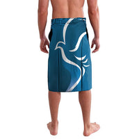 Blue tropical wrap shorts with elastic waist and white wave bird graphics
