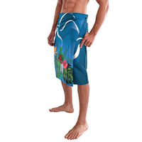Blue tropical print wrap shorts, side view with palm leaves and flower accents