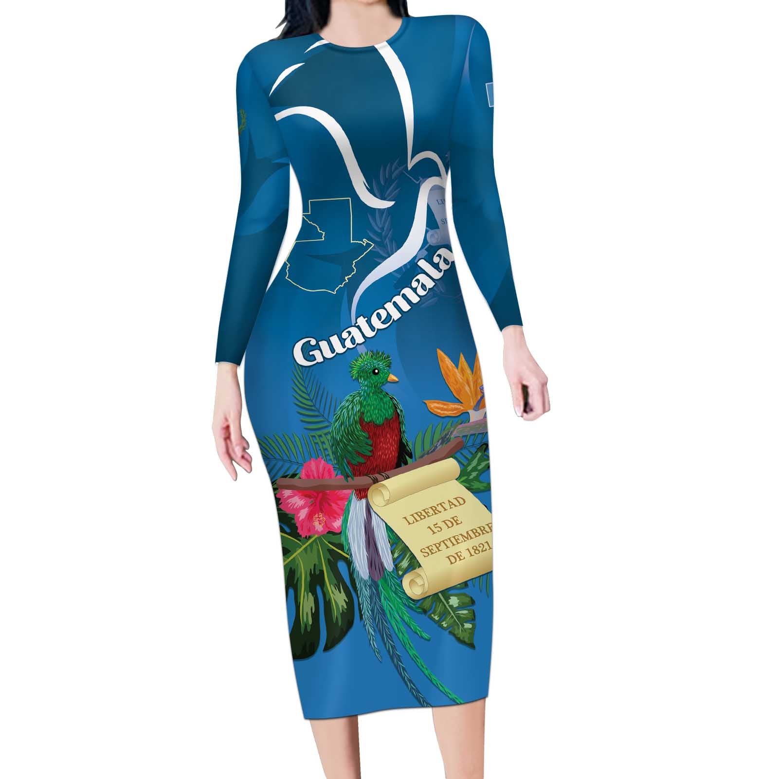 Guatemala Independence Day Long Sleeve Bodycon Dress Quetzal Tropical Flower - Wonder Print Shop