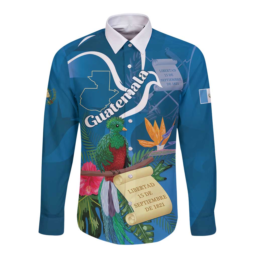 Blue long-sleeve button shirt with tropical bird and flower graphic, front