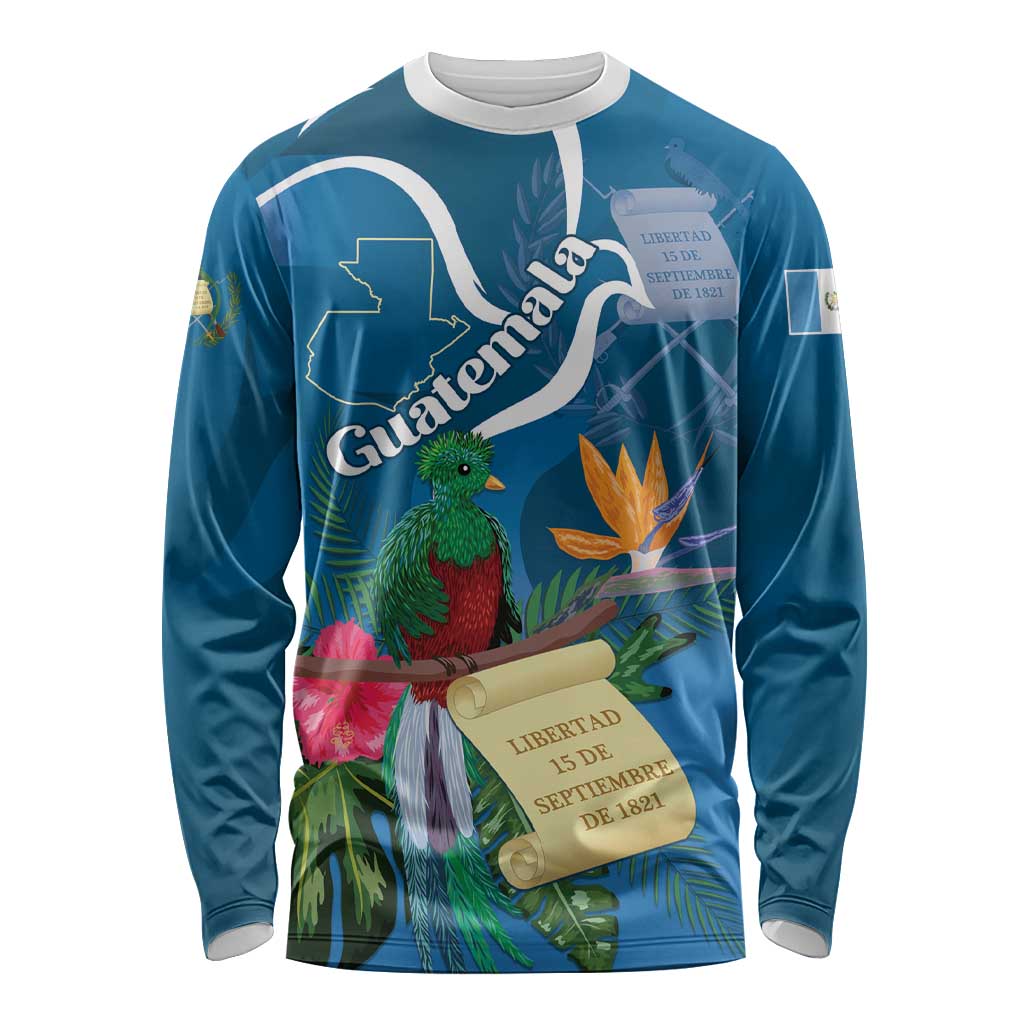 Guatemala Independence Day Long Sleeve Shirt Quetzal Tropical Flower - Wonder Print Shop