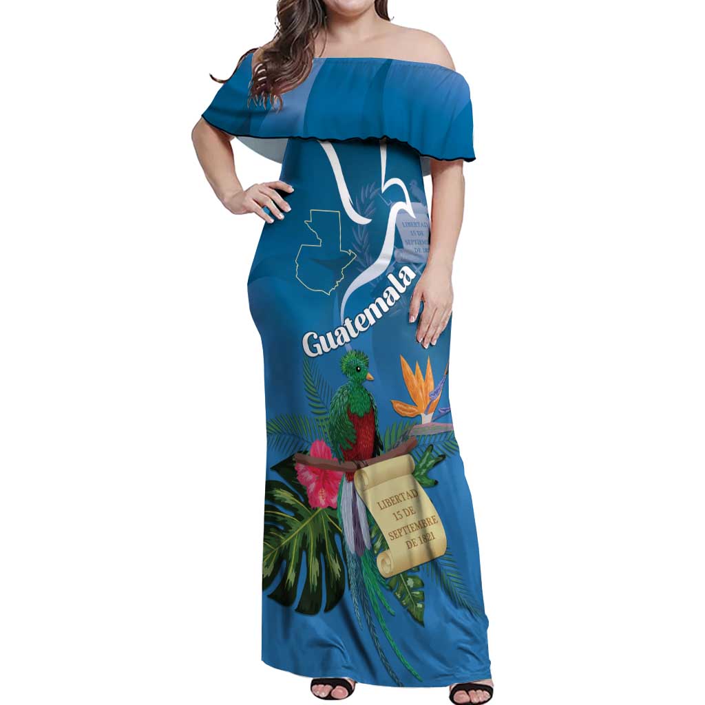 Guatemala Independence Day Off Shoulder Maxi Dress Quetzal Tropical Flower - Wonder Print Shop