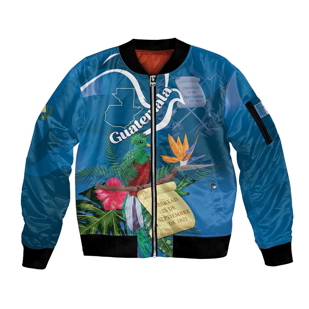 Guatemala Independence Day Sleeve Zip Bomber Jacket Quetzal Tropical Flower - Wonder Print Shop