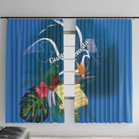 Blue window curtain set with Guatemala map, quetzal, and tropical flower print