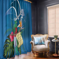 Blue tropical window curtain featuring quetzal bird, palm leaves, and floral accents