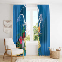 Blue tropical window curtains with quetzal bird, palm leaves, and decorative ribbons