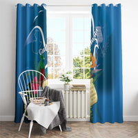 Blue window curtains with Guatemala map, quetzal, and colorful tropical flower design