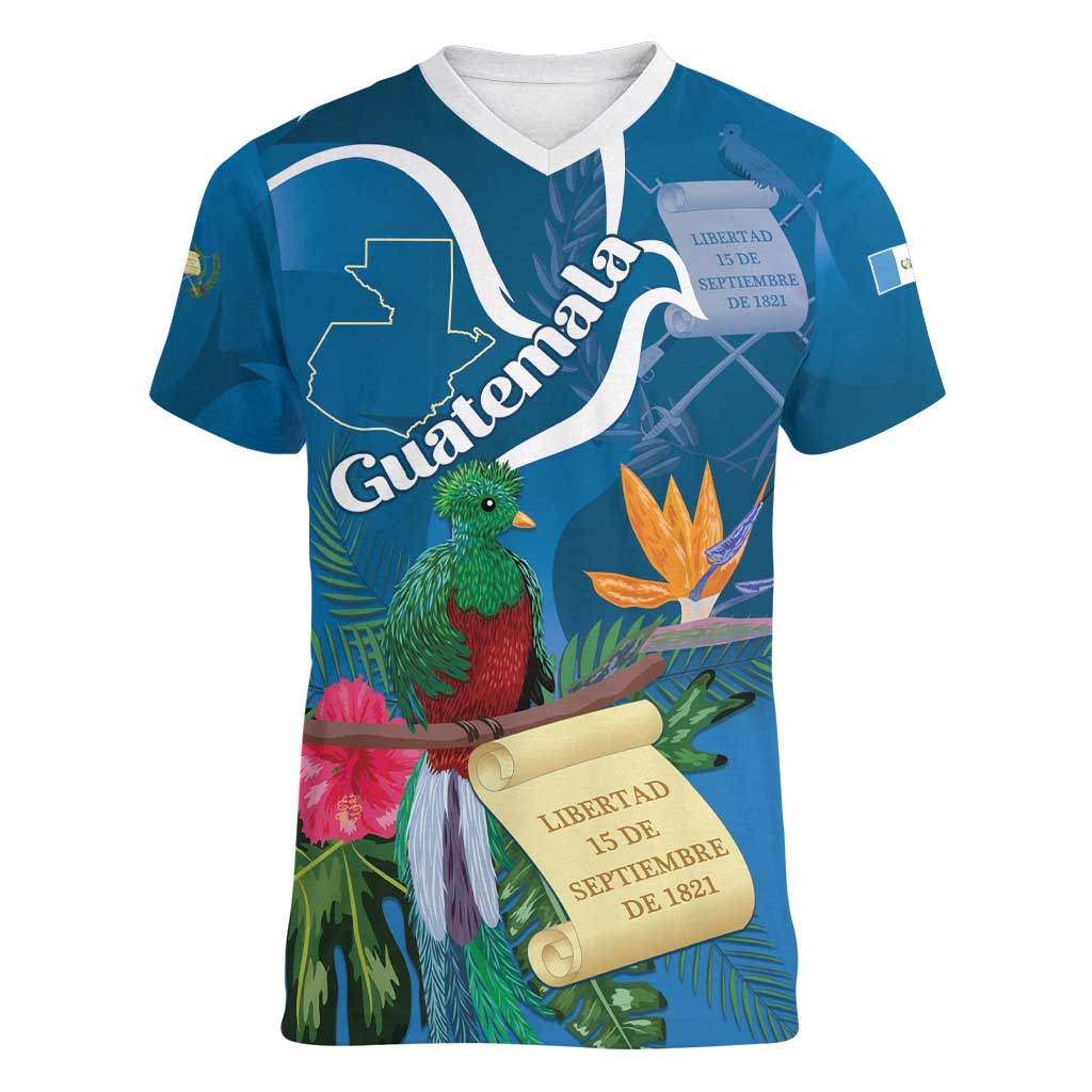 Guatemala Independence Day Women V-Neck T-Shirt Quetzal Tropical Flower - Wonder Print Shop