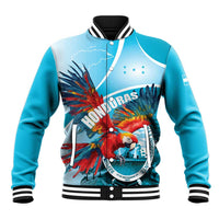 Light blue baseball jacket with striped ribbed collar and front graphic parrot